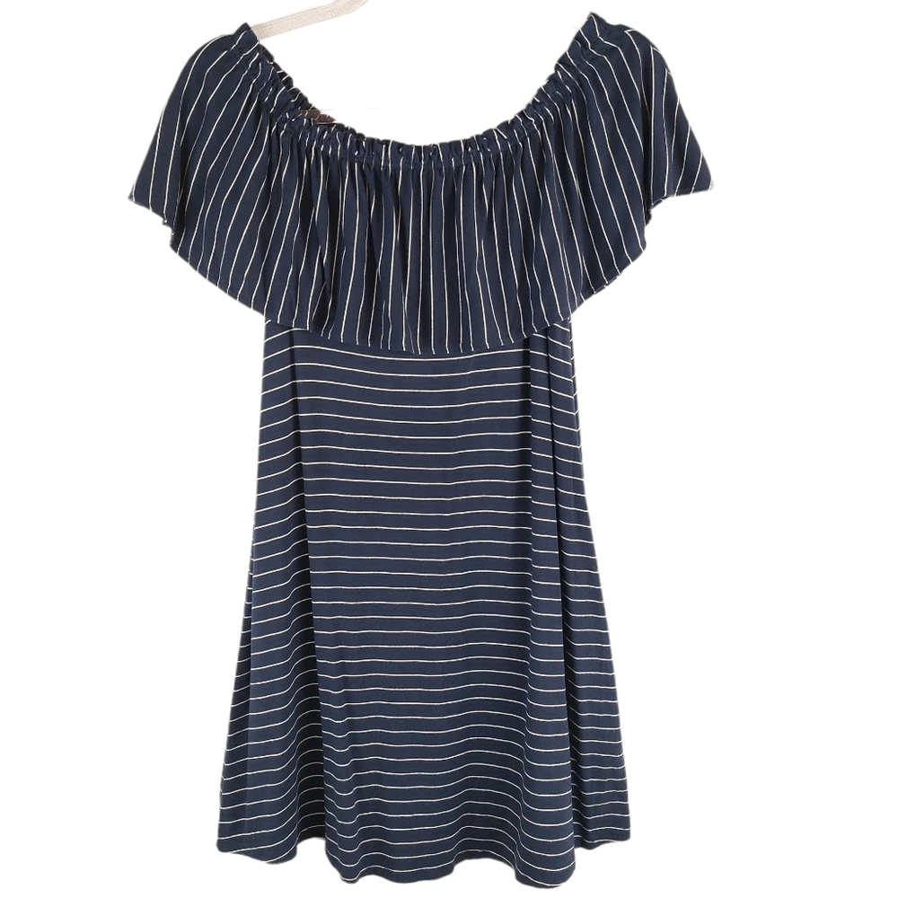 Pure Viscose Knit Pinstripe Nautical Off Shoulder Swing Flare Flowy Mini Dress